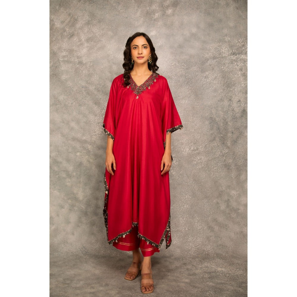 Tanu Malhotra Rose Red Embroidered Kaftan with Pant (Set of 2)