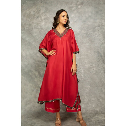 Tanu Malhotra Rose Red Embroidered Kaftan with Pant (Set of 2)