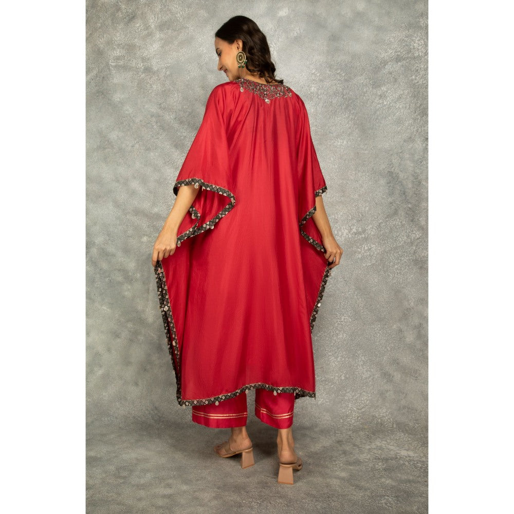 Tanu Malhotra Rose Red Embroidered Kaftan with Pant (Set of 2)