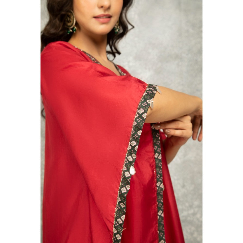 Tanu Malhotra Rose Red Embroidered Kaftan with Pant (Set of 2)