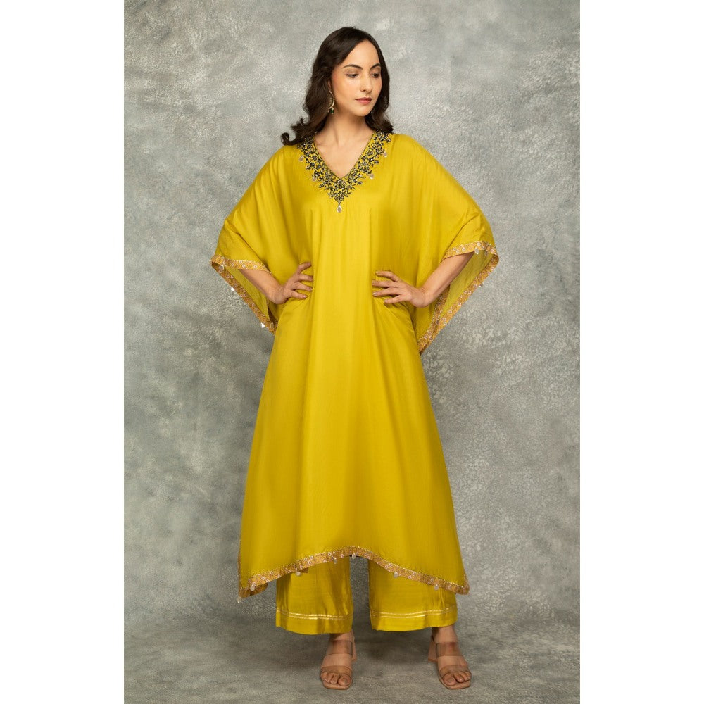 Tanu Malhotra Yellow Embroidered Kaftan with Pant (Set of 2)