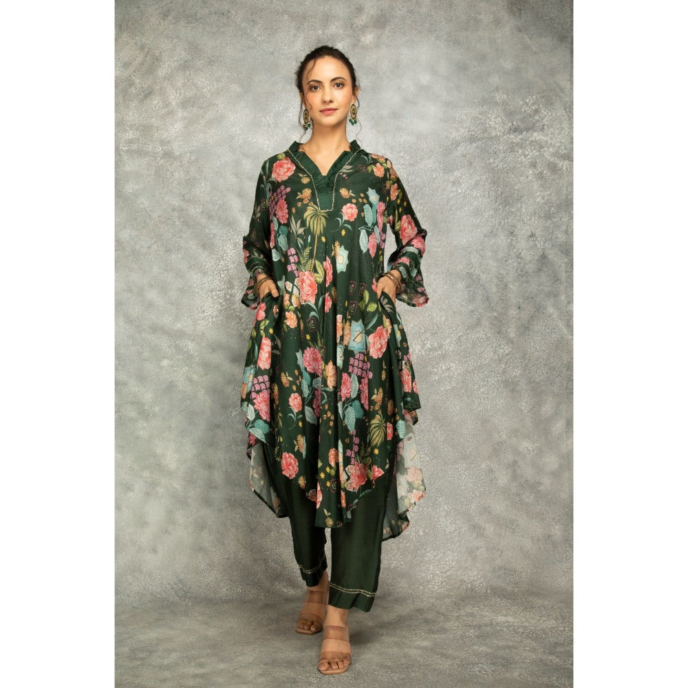 Tanu Malhotra Forest Green Printed High Low Kurta with Pant (Set of 2)