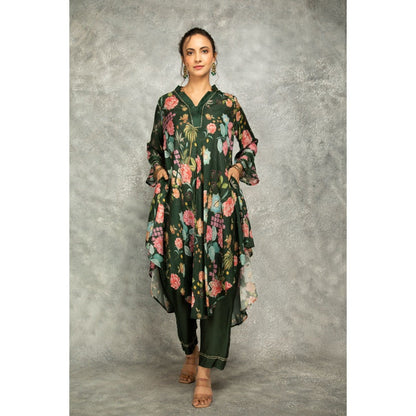 Tanu Malhotra Forest Green Printed High Low Kurta with Pant (Set of 2)