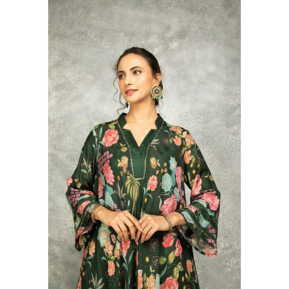 Tanu Malhotra Forest Green Printed High Low Kurta with Pant (Set of 2)