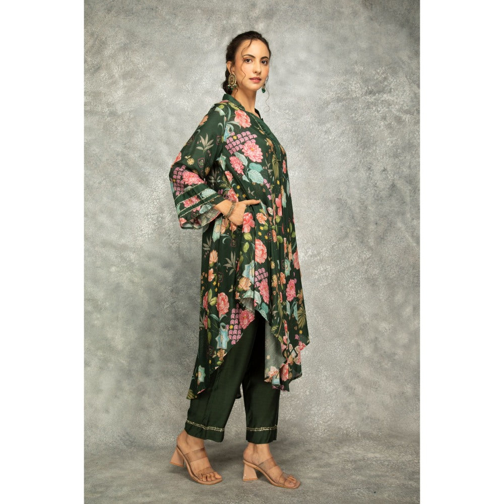 Tanu Malhotra Forest Green Printed High Low Kurta with Pant (Set of 2)