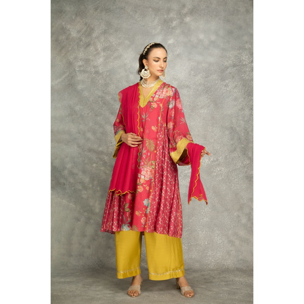 Tanu Malhotra Hot Pink Side Panel Buti Kurta with Palazzo and Dupatta (Set of 3)