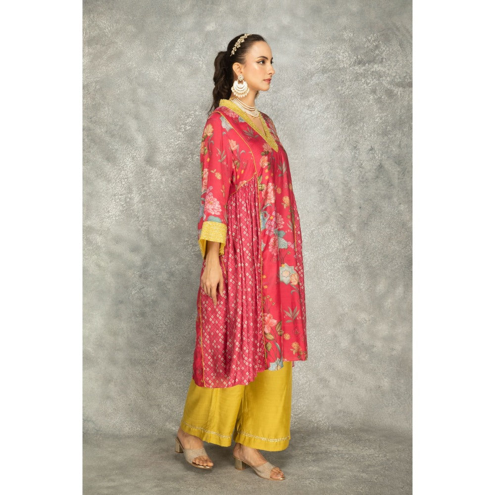 Tanu Malhotra Hot Pink Side Panel Buti Kurta with Palazzo and Dupatta (Set of 3)