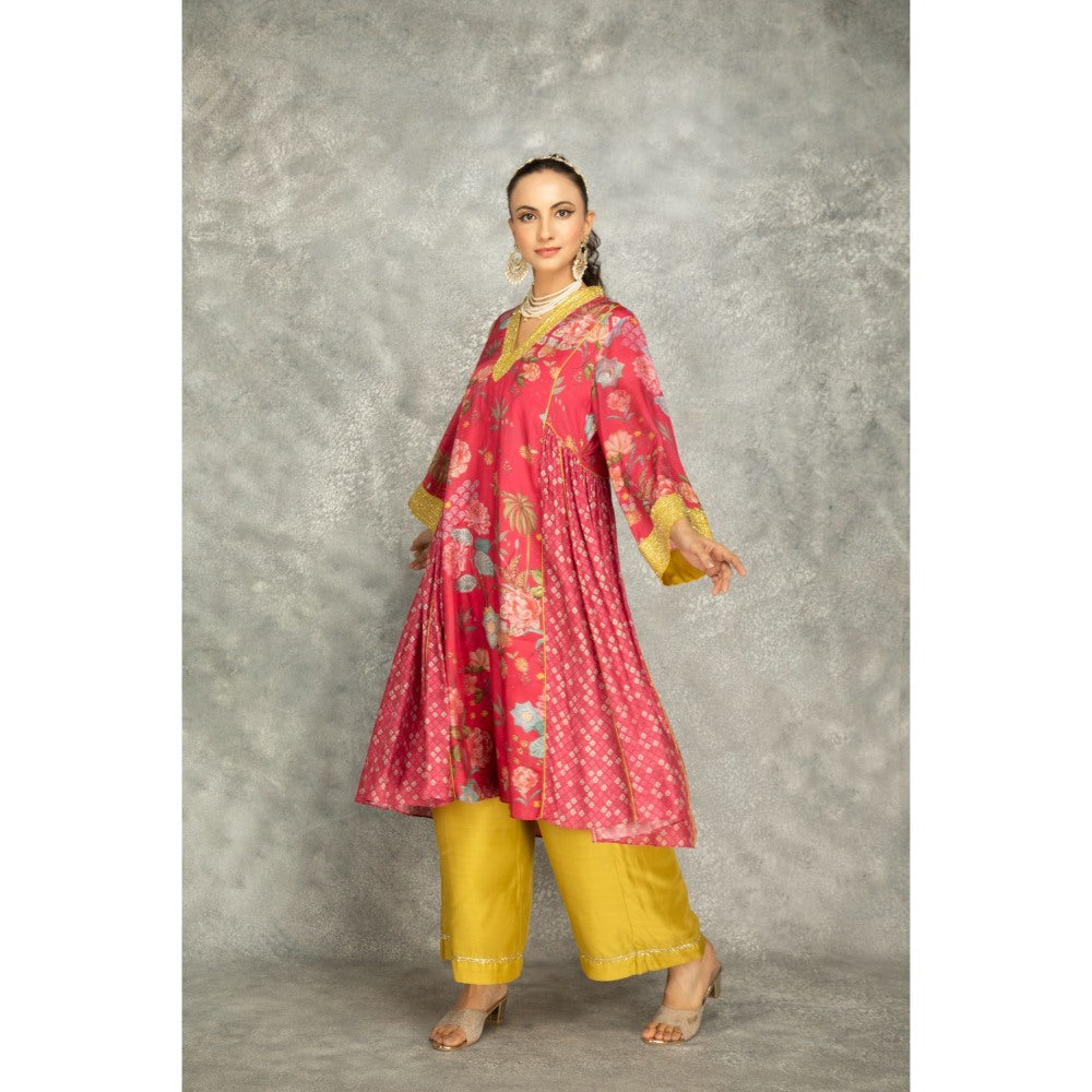 Tanu Malhotra Hot Pink Side Panel Buti Kurta with Palazzo and Dupatta (Set of 3)