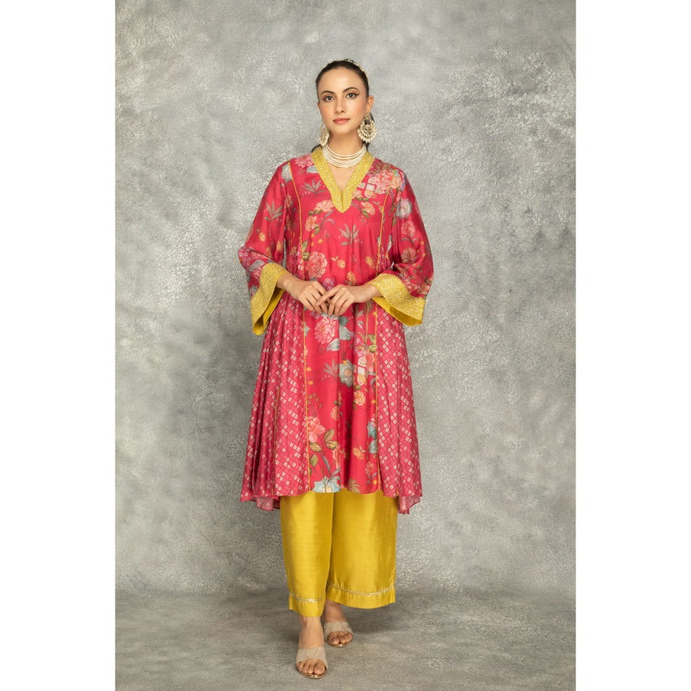 Tanu Malhotra Hot Pink Side Panel Buti Kurta with Palazzo and Dupatta (Set of 3)