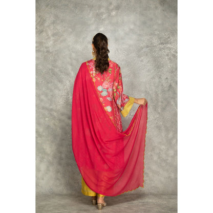 Tanu Malhotra Hot Pink Side Panel Buti Kurta with Palazzo and Dupatta (Set of 3)
