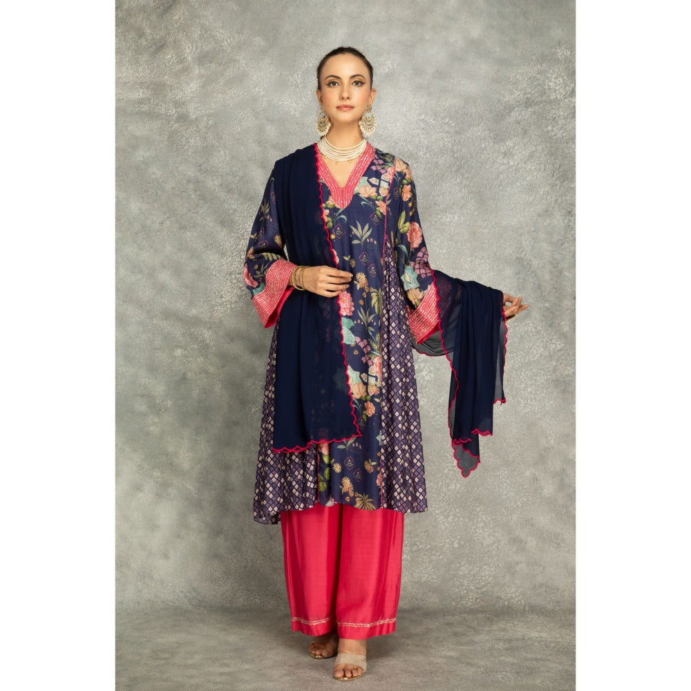 Tanu Malhotra Blue Side Panel Buti Kurta with Palazzo and Dupatta (Set of 3)