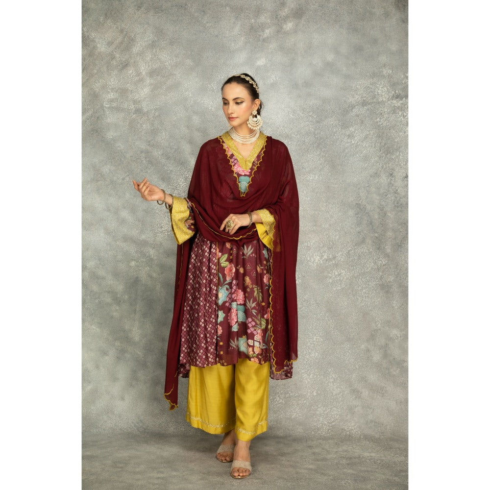 Tanu Malhotra Old Wine Side Panel Buti Kurta with Scalloping Dupatta (Set of 3)