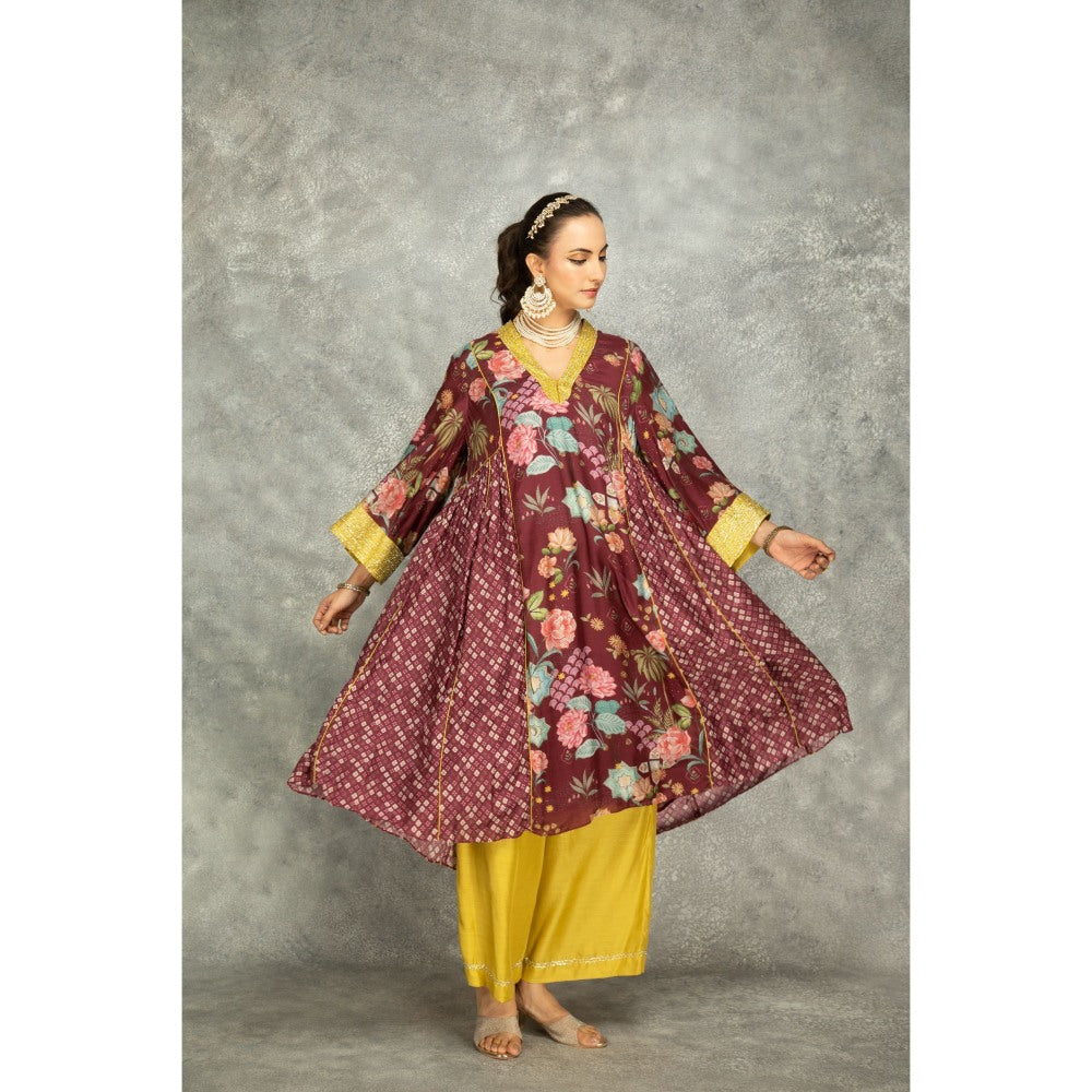 Tanu Malhotra Old Wine Side Panel Buti Kurta with Scalloping Dupatta (Set of 3)