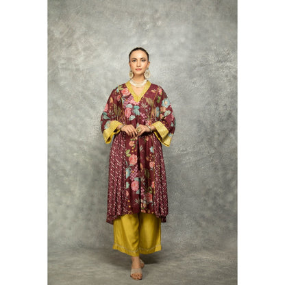 Tanu Malhotra Old Wine Side Panel Buti Kurta with Scalloping Dupatta (Set of 3)