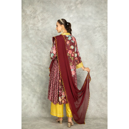 Tanu Malhotra Old Wine Side Panel Buti Kurta with Scalloping Dupatta (Set of 3)