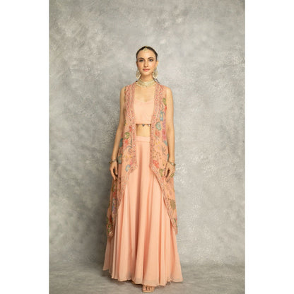 Tanu Malhotra Peach Embroidered Cape with Crop Top and Skirt (Set of 3)