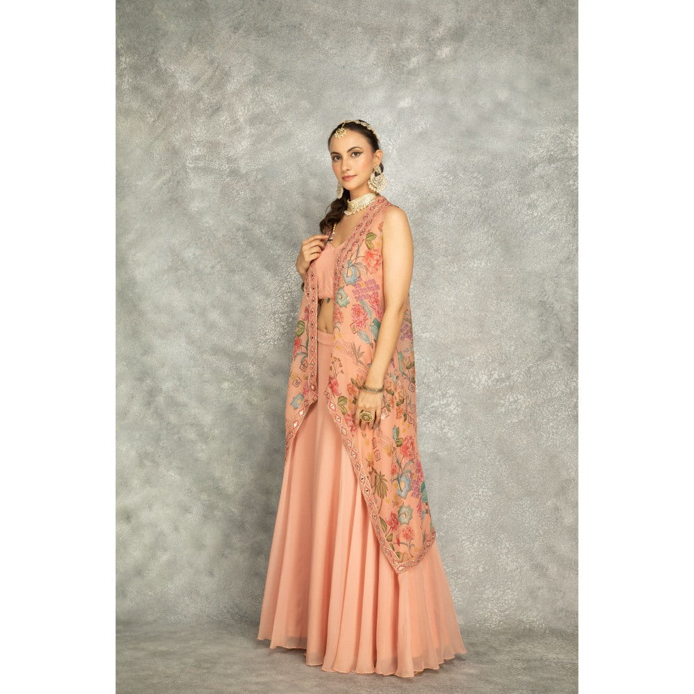 Tanu Malhotra Peach Embroidered Cape with Crop Top and Skirt (Set of 3)