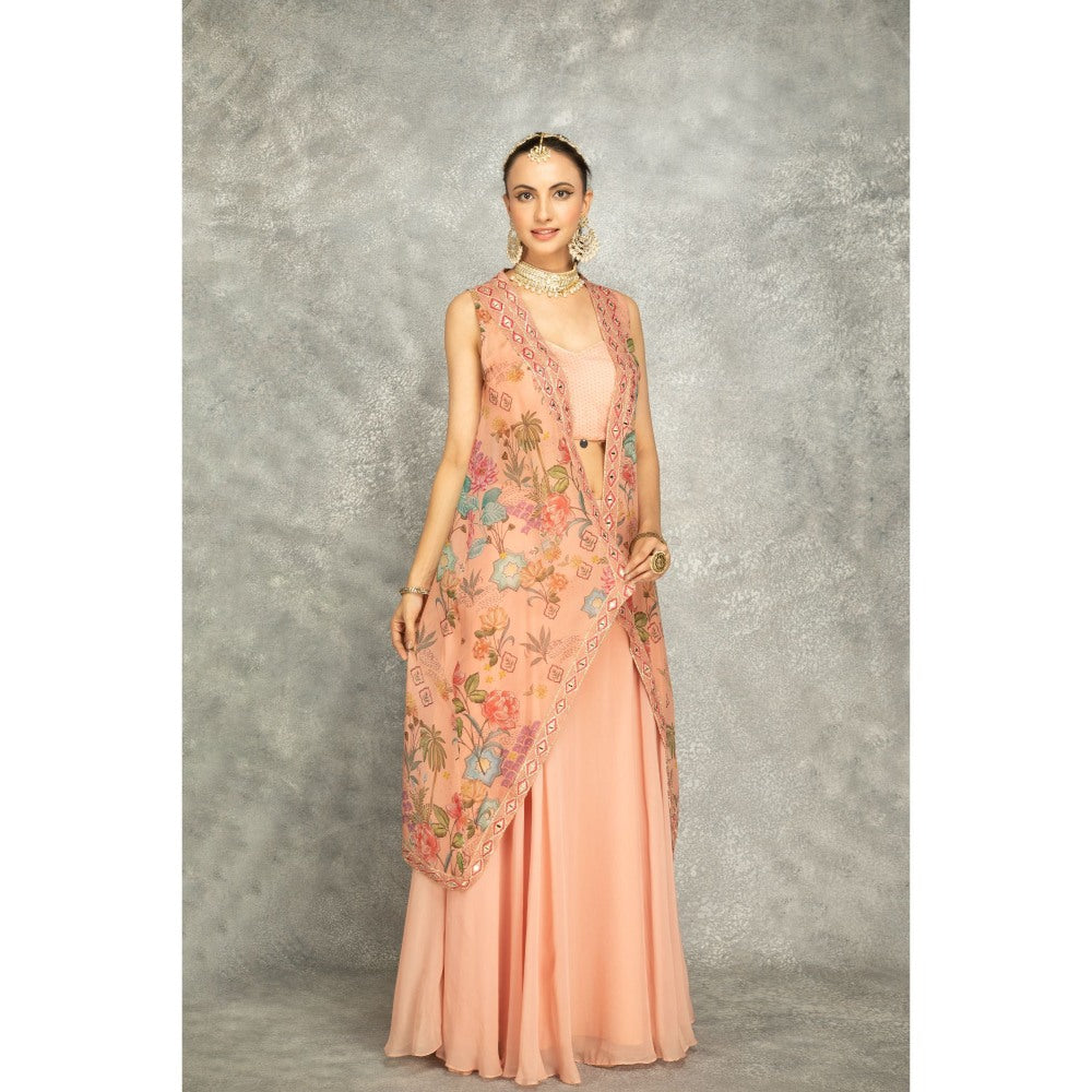 Tanu Malhotra Peach Embroidered Cape with Crop Top and Skirt (Set of 3)