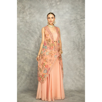 Tanu Malhotra Peach Embroidered Cape with Crop Top and Skirt (Set of 3)