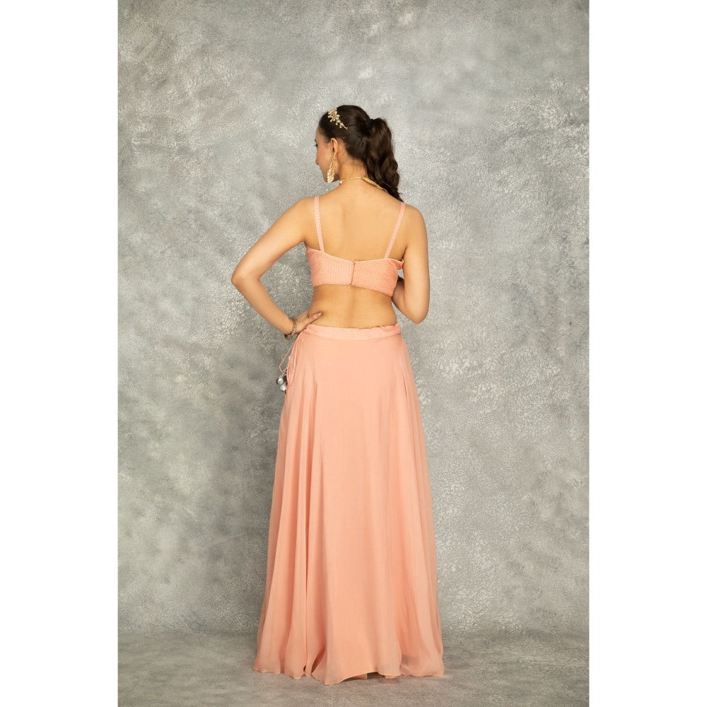Tanu Malhotra Peach Embroidered Cape with Crop Top and Skirt (Set of 3)