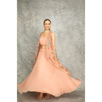 Tanu Malhotra Peach Embroidered Cape with Crop Top and Skirt (Set of 3)
