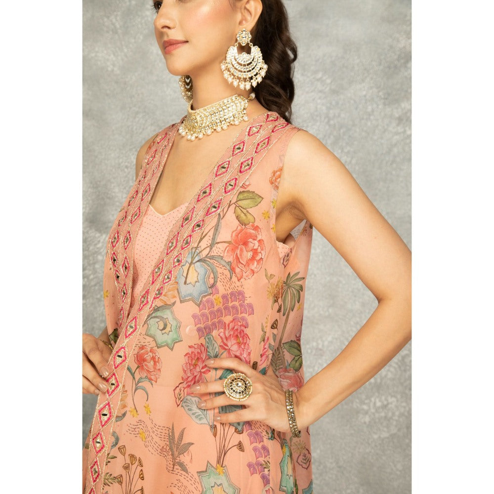 Tanu Malhotra Peach Embroidered Cape with Crop Top and Skirt (Set of 3)