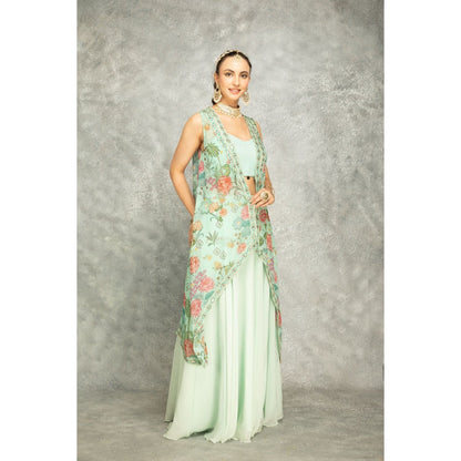 Tanu Malhotra Turquoise Mirror Embroidered Cape with Crop Top and Skirt (Set of 3)