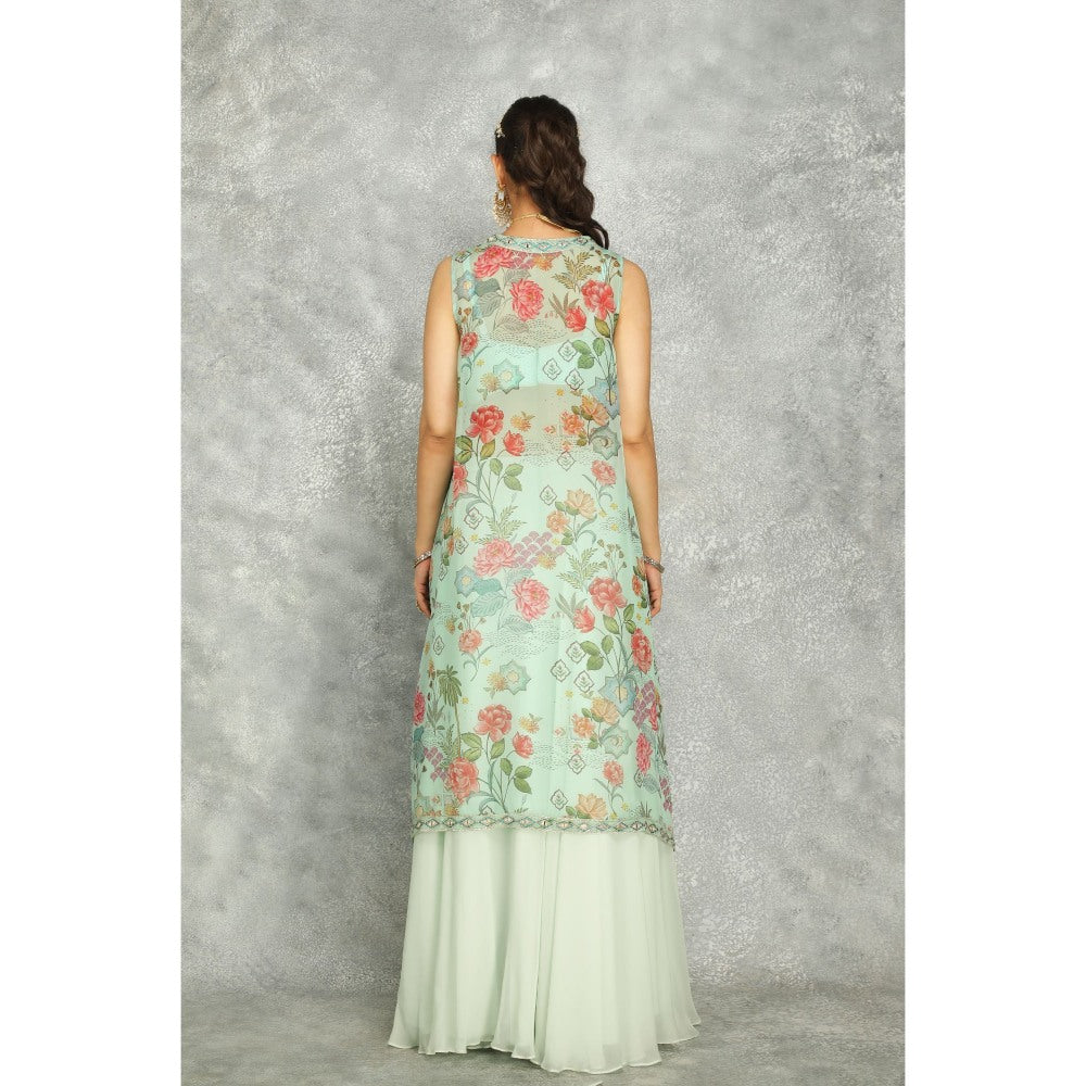 Tanu Malhotra Turquoise Mirror Embroidered Cape with Crop Top and Skirt (Set of 3)