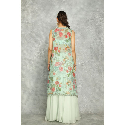 Tanu Malhotra Turquoise Mirror Embroidered Cape with Crop Top and Skirt (Set of 3)