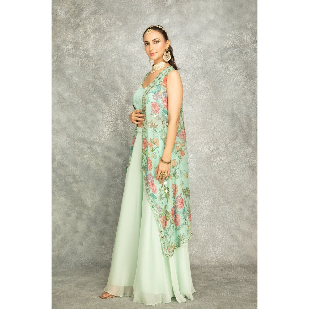 Tanu Malhotra Turquoise Mirror Embroidered Cape with Crop Top and Skirt (Set of 3)