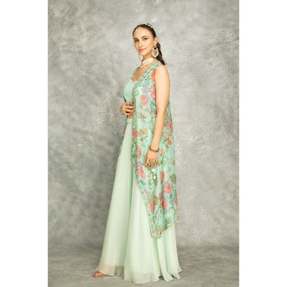 Tanu Malhotra Turquoise Mirror Embroidered Cape with Crop Top and Skirt (Set of 3)