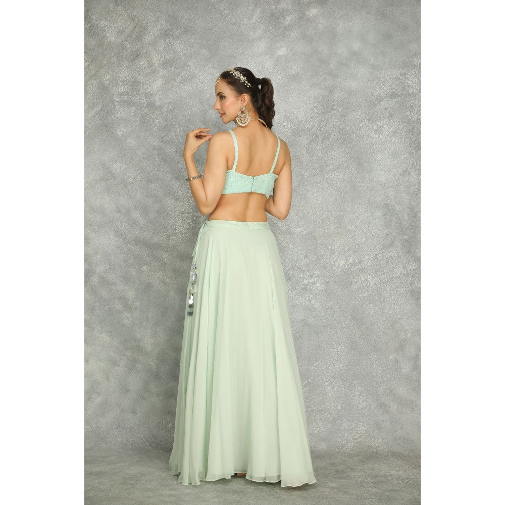 Tanu Malhotra Turquoise Mirror Embroidered Cape with Crop Top and Skirt (Set of 3)