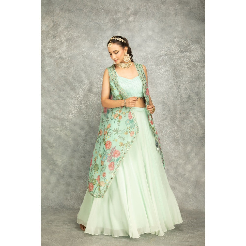 Tanu Malhotra Turquoise Mirror Embroidered Cape with Crop Top and Skirt (Set of 3)