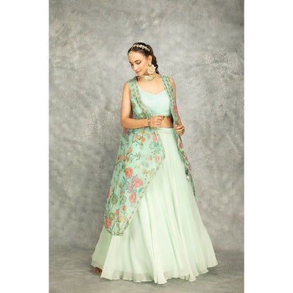 Tanu Malhotra Turquoise Mirror Embroidered Cape with Crop Top and Skirt (Set of 3)