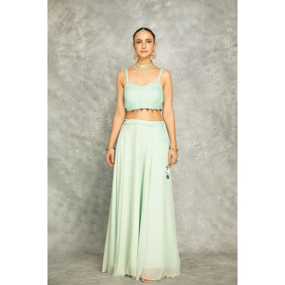 Tanu Malhotra Turquoise Mirror Embroidered Cape with Crop Top and Skirt (Set of 3)