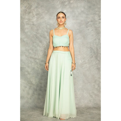 Tanu Malhotra Turquoise Mirror Embroidered Cape with Crop Top and Skirt (Set of 3)