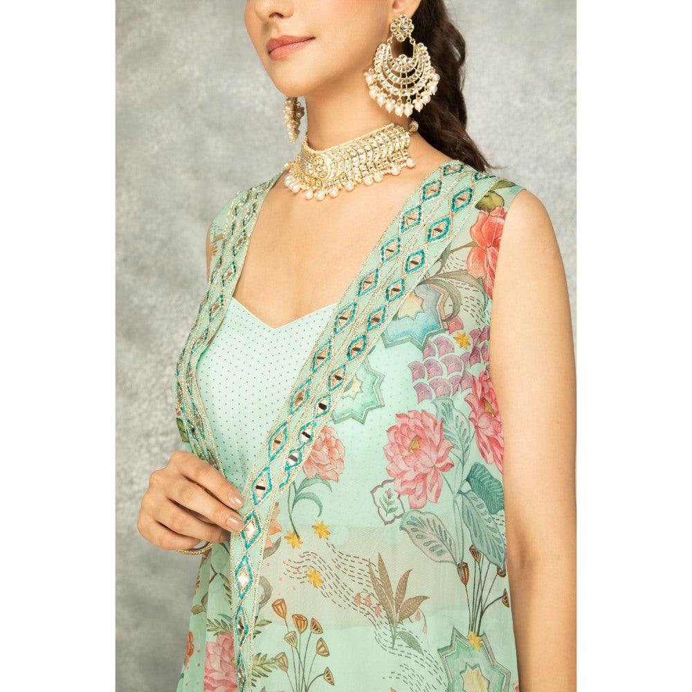Tanu Malhotra Turquoise Mirror Embroidered Cape with Crop Top and Skirt (Set of 3)