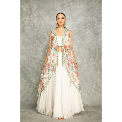 Tanu Malhotra White Mirror Embroidered Cape with Crop Top and Skirt (Set of 3)