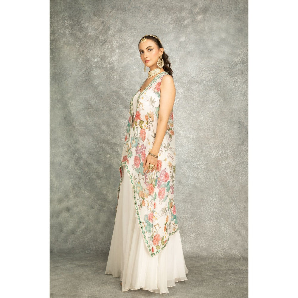Tanu Malhotra White Mirror Embroidered Cape with Crop Top and Skirt (Set of 3)