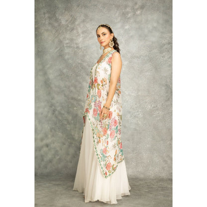 Tanu Malhotra White Mirror Embroidered Cape with Crop Top and Skirt (Set of 3)