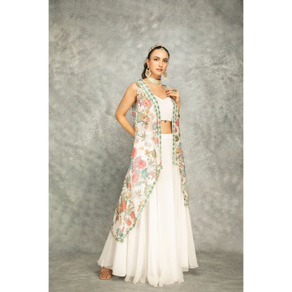 Tanu Malhotra White Mirror Embroidered Cape with Crop Top and Skirt (Set of 3)