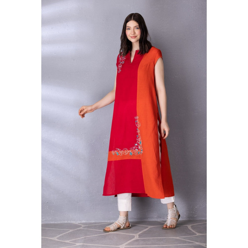 Tanu Malhotra Cherry Red Cotton Linen Embroidered Kurta with Pant (Set of 2)