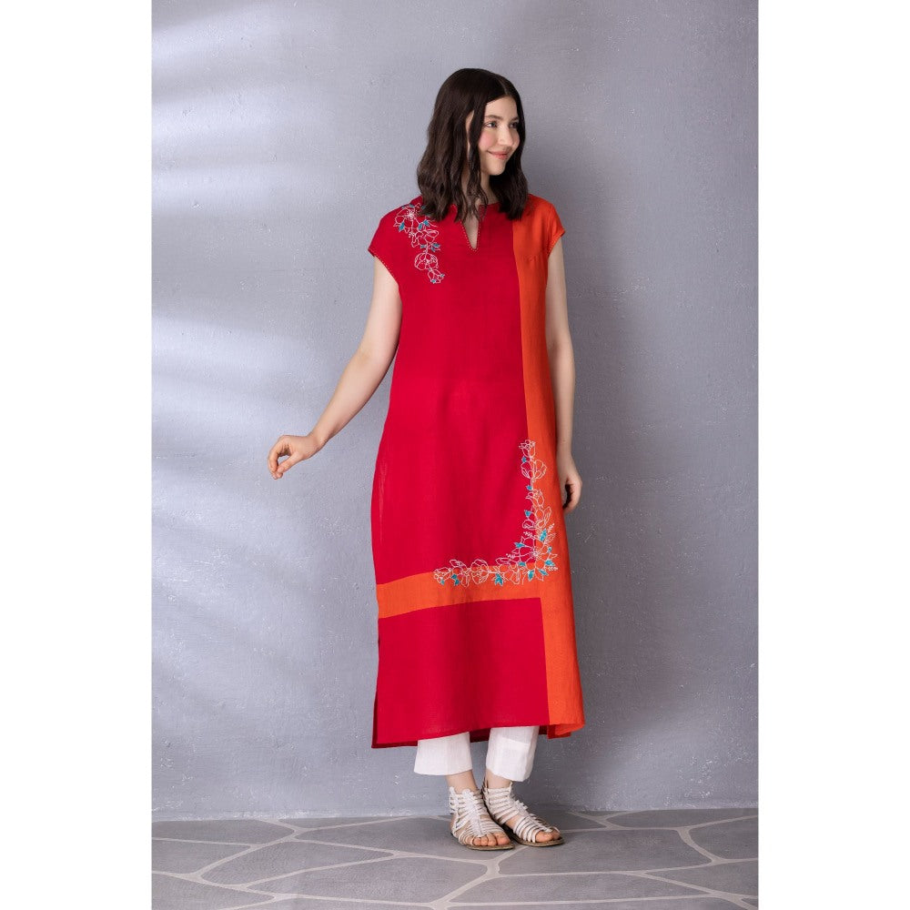 Tanu Malhotra Cherry Red Cotton Linen Embroidered Kurta with Pant (Set of 2)