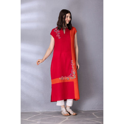 Tanu Malhotra Cherry Red Cotton Linen Embroidered Kurta with Pant (Set of 2)