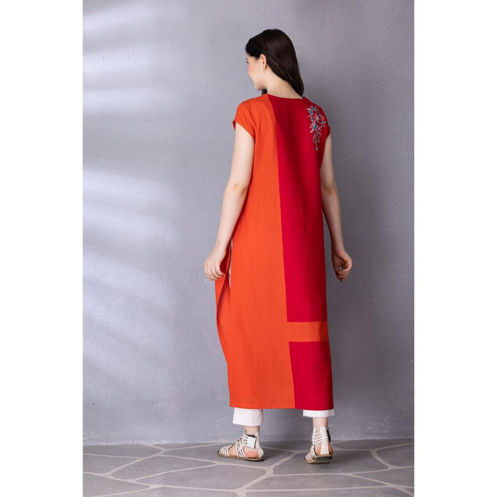 Tanu Malhotra Cherry Red Cotton Linen Embroidered Kurta with Pant (Set of 2)