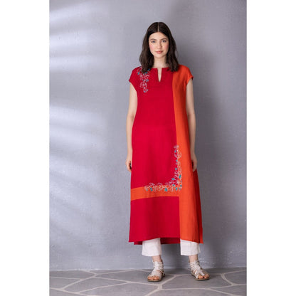Tanu Malhotra Cherry Red Cotton Linen Embroidered Kurta with Pant (Set of 2)