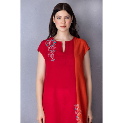 Tanu Malhotra Cherry Red Cotton Linen Embroidered Kurta with Pant (Set of 2)