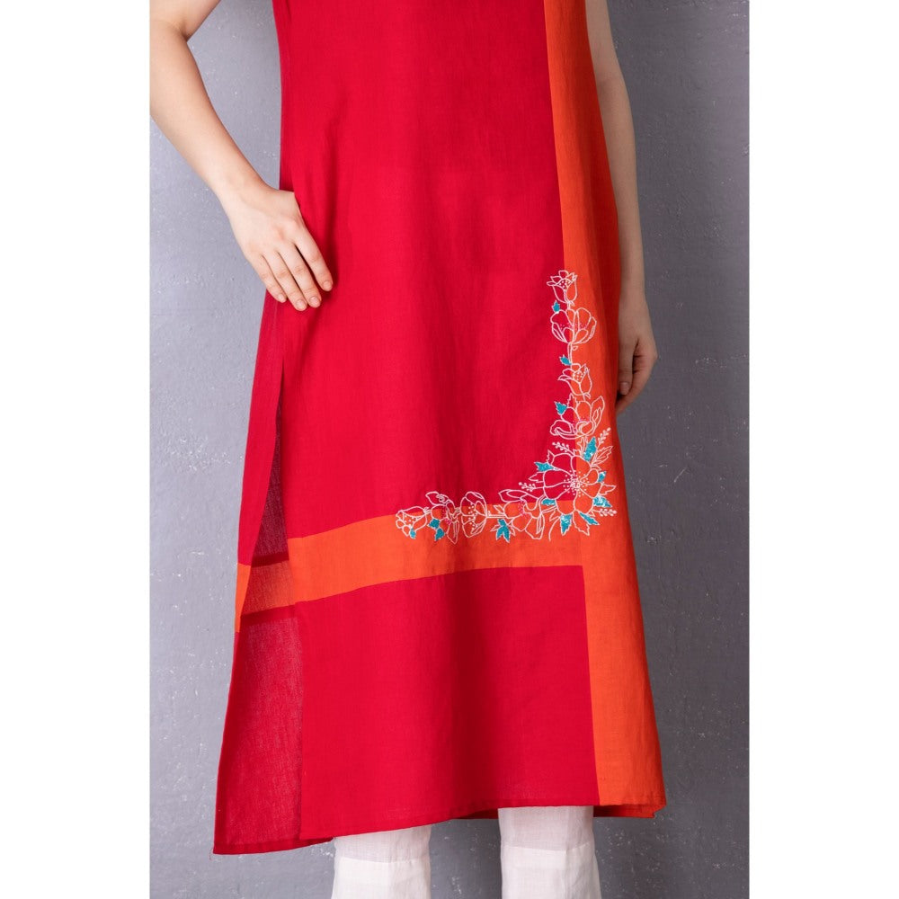 Tanu Malhotra Cherry Red Cotton Linen Embroidered Kurta with Pant (Set of 2)