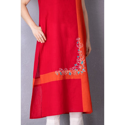 Tanu Malhotra Cherry Red Cotton Linen Embroidered Kurta with Pant (Set of 2)