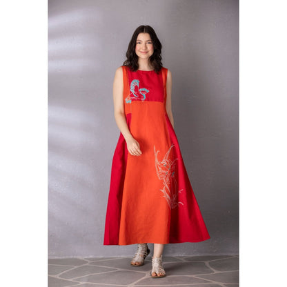 Tanu Malhotra Burnt Orange Cotton Linen Embroidered Dress